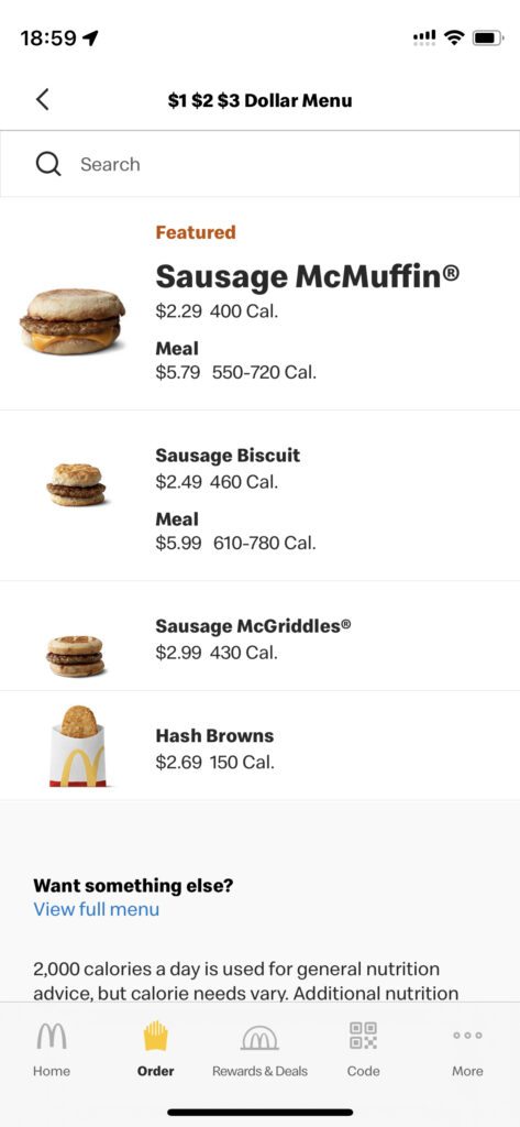 McDonald's dollar menu items in the McDonald's app