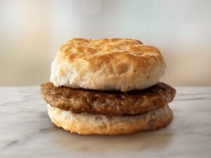 High protein breakfast featuring two biscuits stacked together at McDonald's.