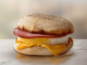 A high protein breakfast sandwich from McDonald's featuring ham and cheese.