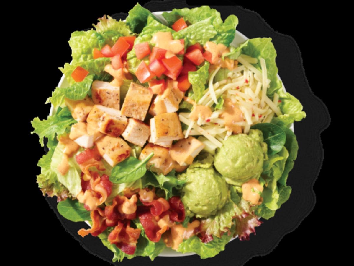 Highest protein salad with chicken, bacon and avocado.
